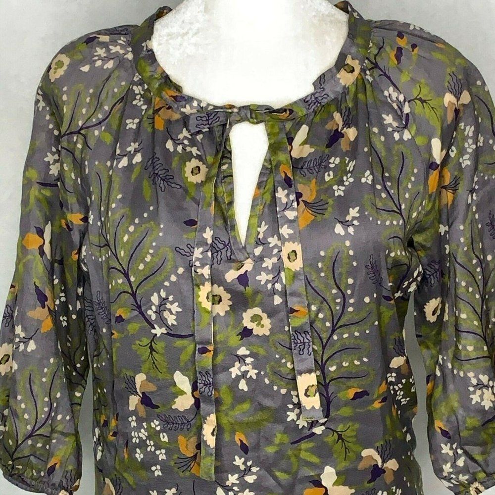 Gap Floral Shift Dress S Grey 3/4 Sleeves Tie Keyhole Neck Lined Tiered Ruffle - Picture 4 of 8